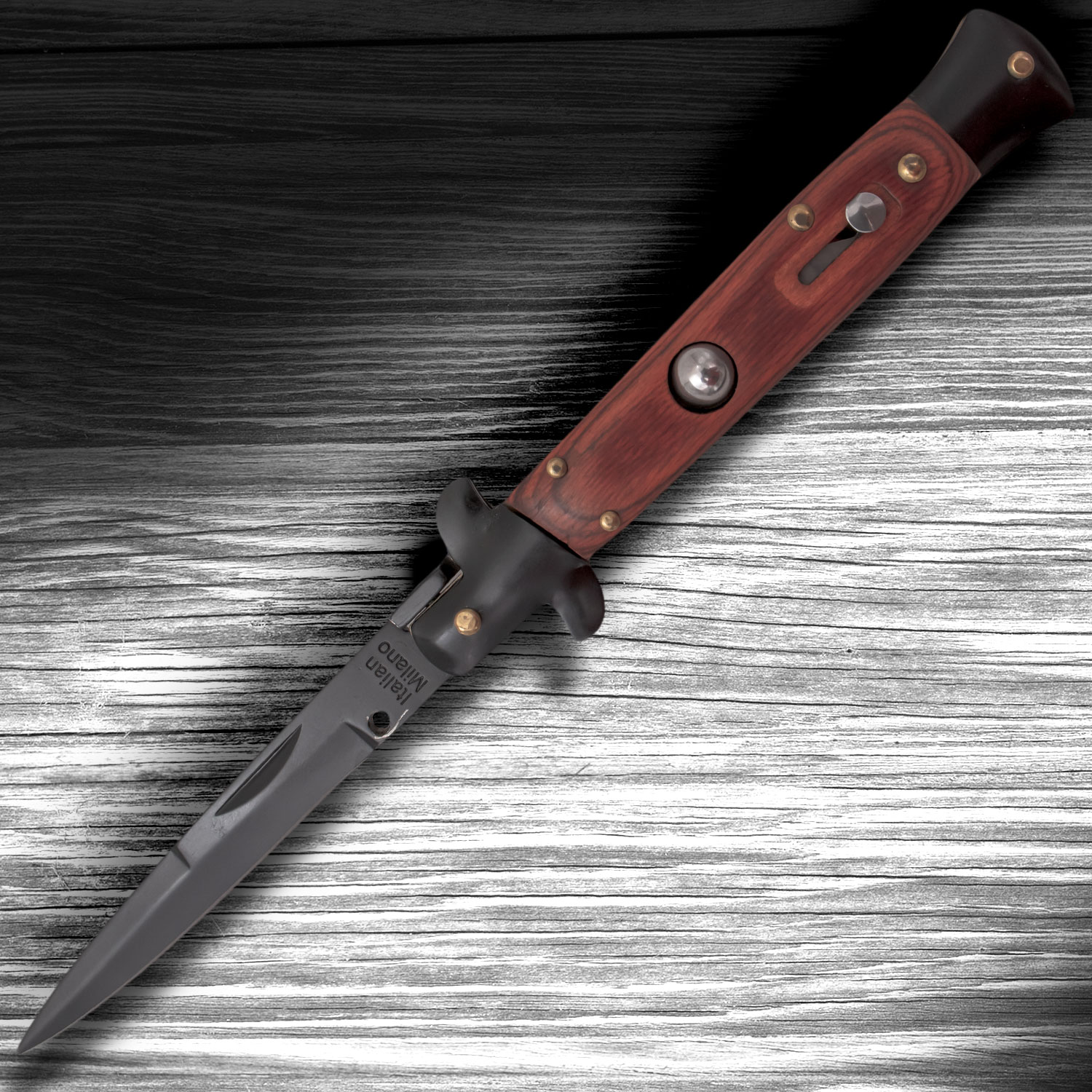 Mafia Italian Milano Stiletto Black Blade Wooden Automatic Knife